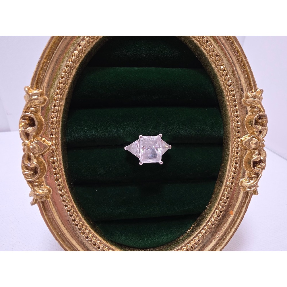 Silver Tone Radiant Cut Three Stone Cubic Zirconia Engagement Ring Size 6